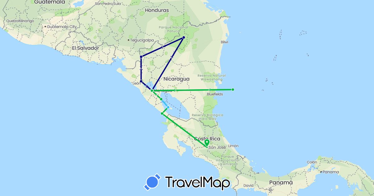 TravelMap itinerary: driving, bus, boat in Costa Rica, Nicaragua (North America)